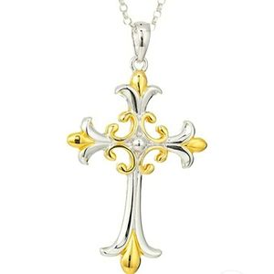 18k Yellow Gold Plated Sterling Silver Two Tone Celtic Cross Pendant Necklace